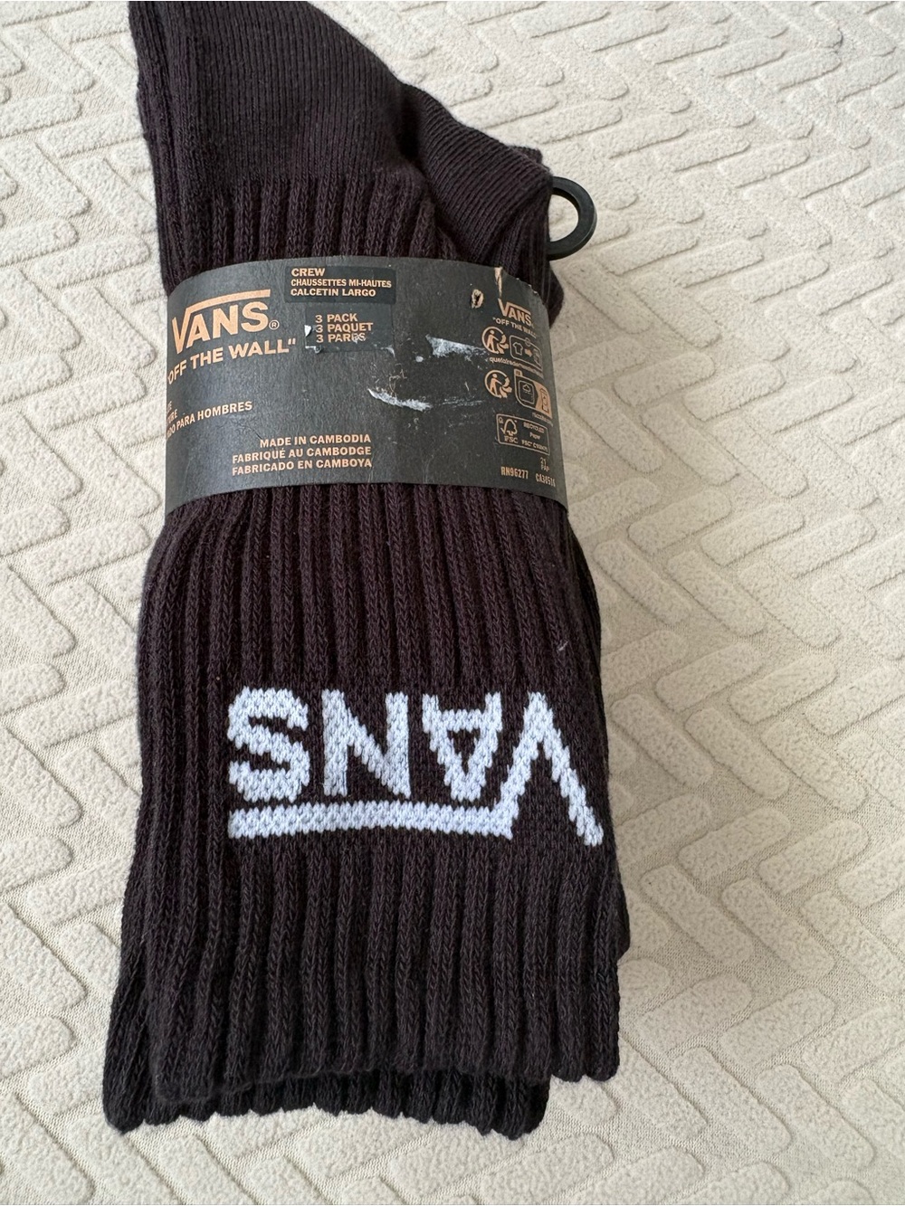 Vans Black Crew Socks with White Logo - Men's Pack (3) New